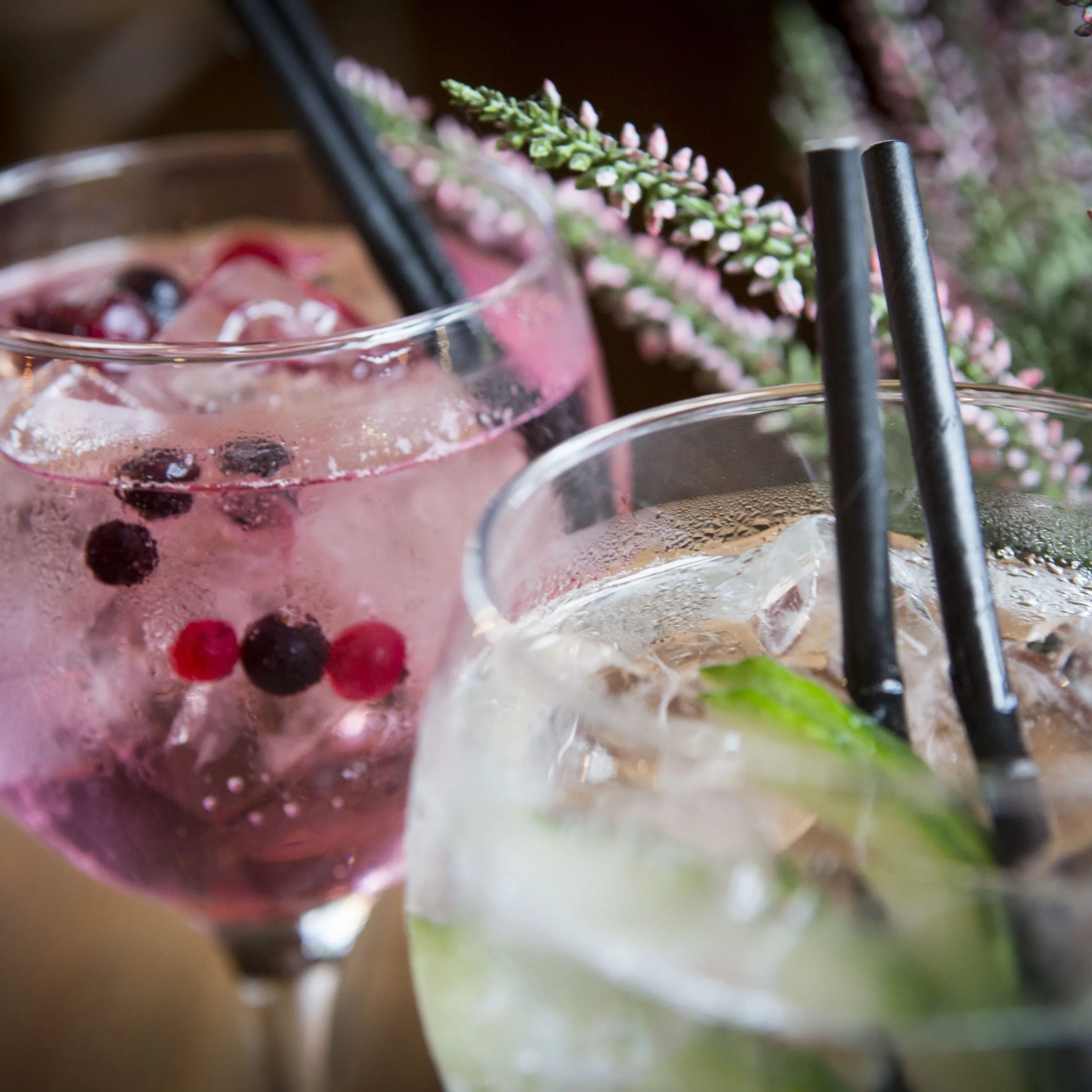 Two cocktails. One looks to be berry flavoured whilst the other looks lime flavoured.